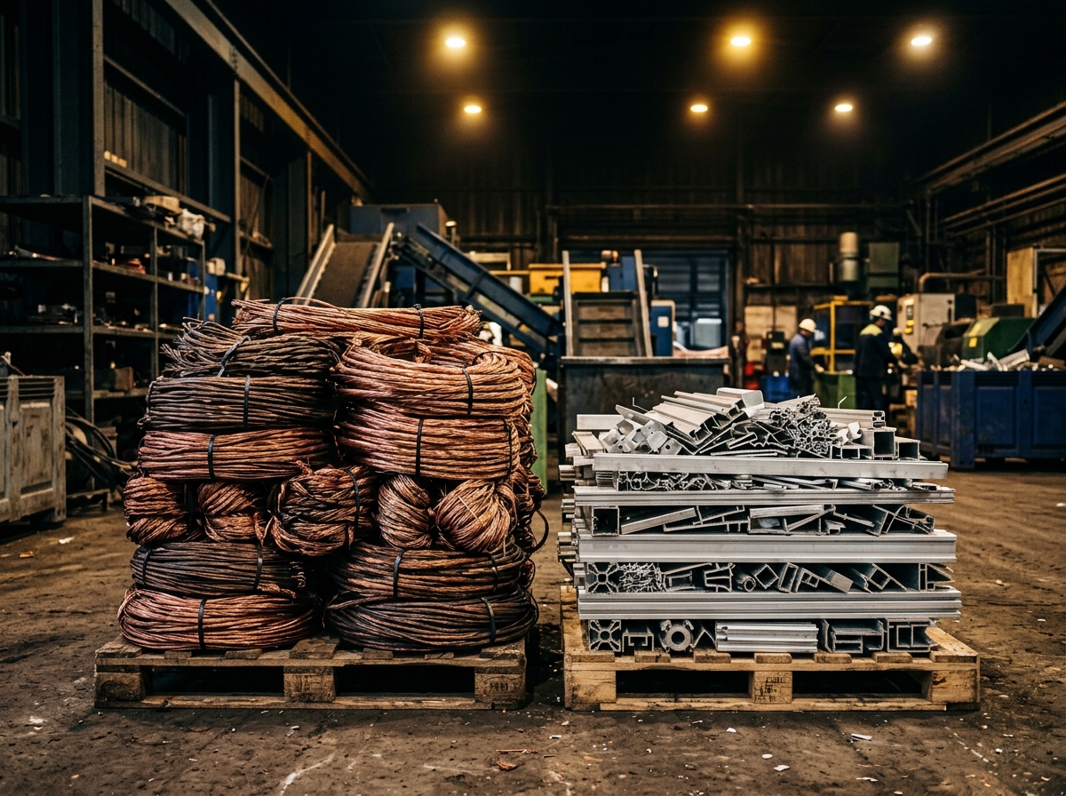 Recycled copper wire coils and aluminium scrap profiles
