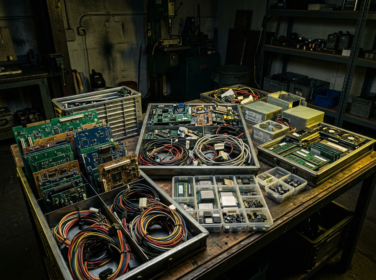 Sorted electronic waste components, circuit boards, and cables