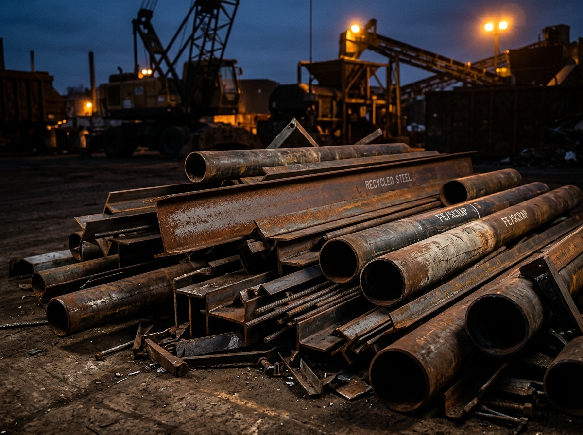 Iron and steel metal scrap stacked in scrap yard