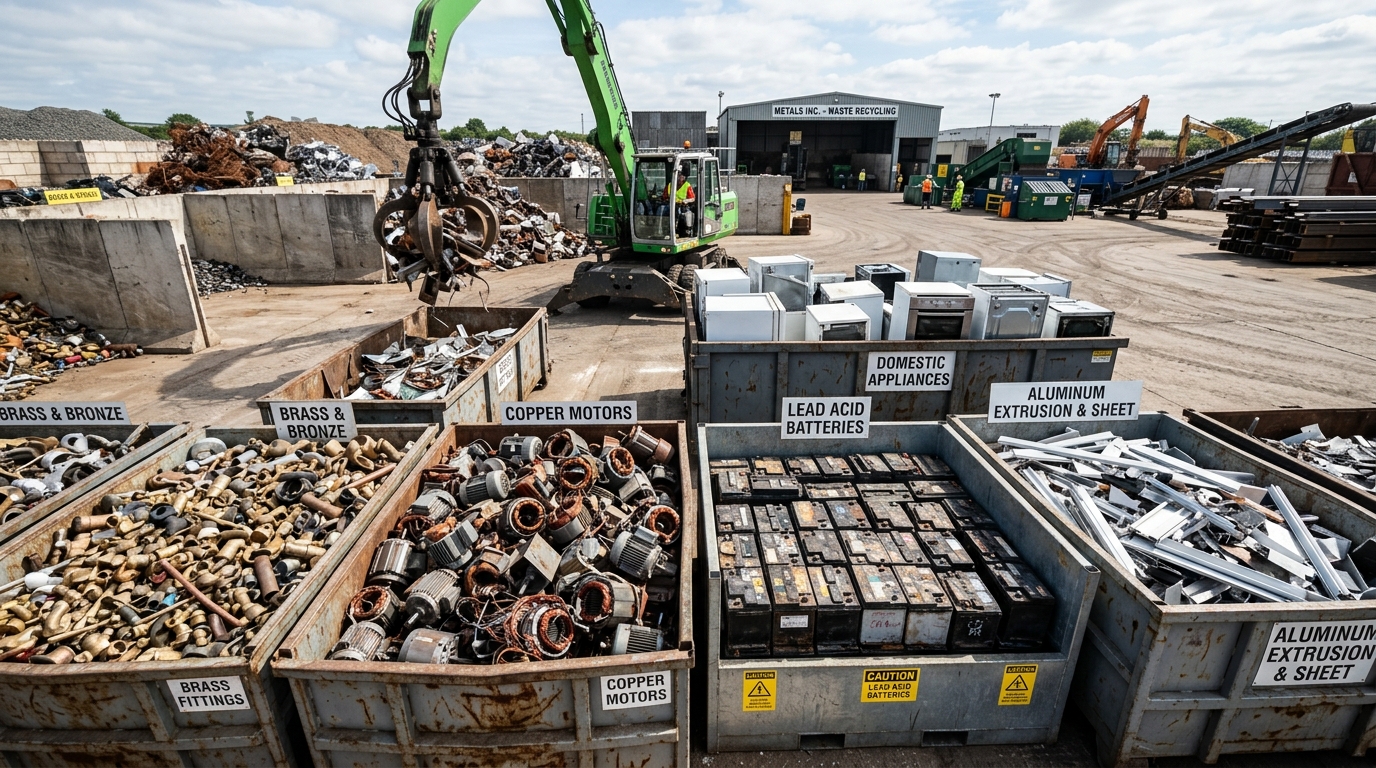 Collection of brass fittings, lead batteries, domestic appliances and miscellaneous scrap